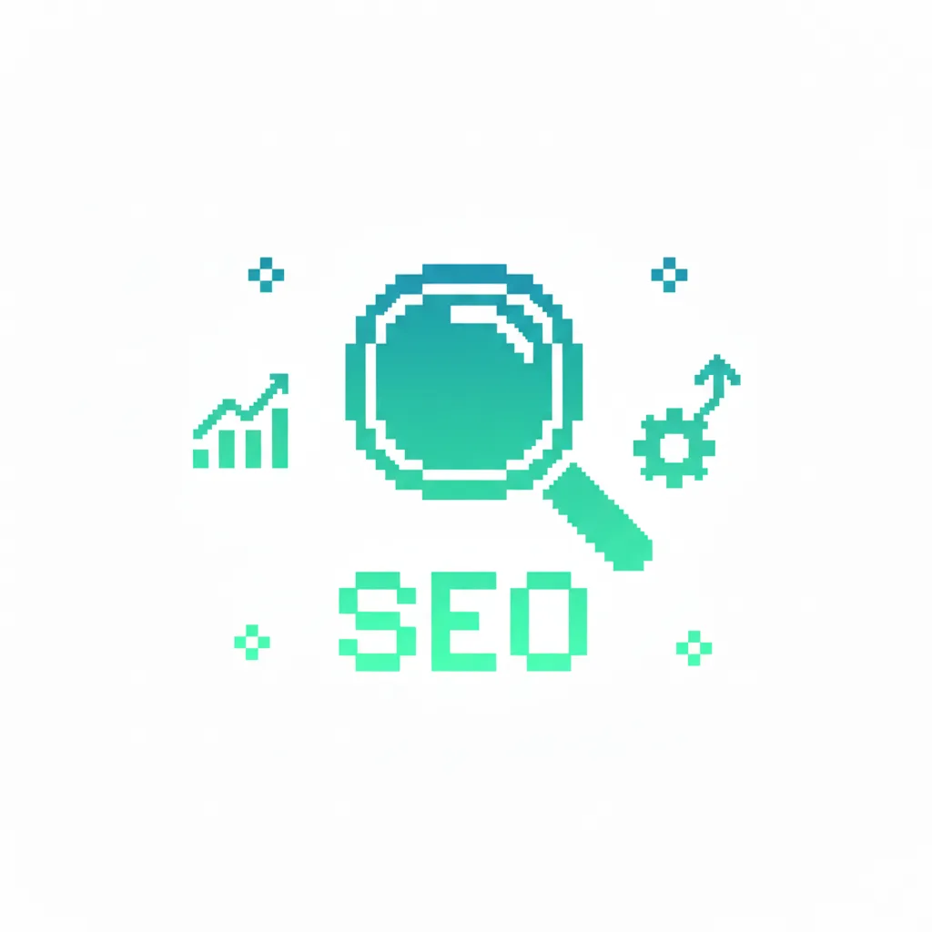 זכוכית מגדלת, גרף צמיחה, גלגל שיניים והכיתוב SEO בעיצוב פיקסל ארט ירוק