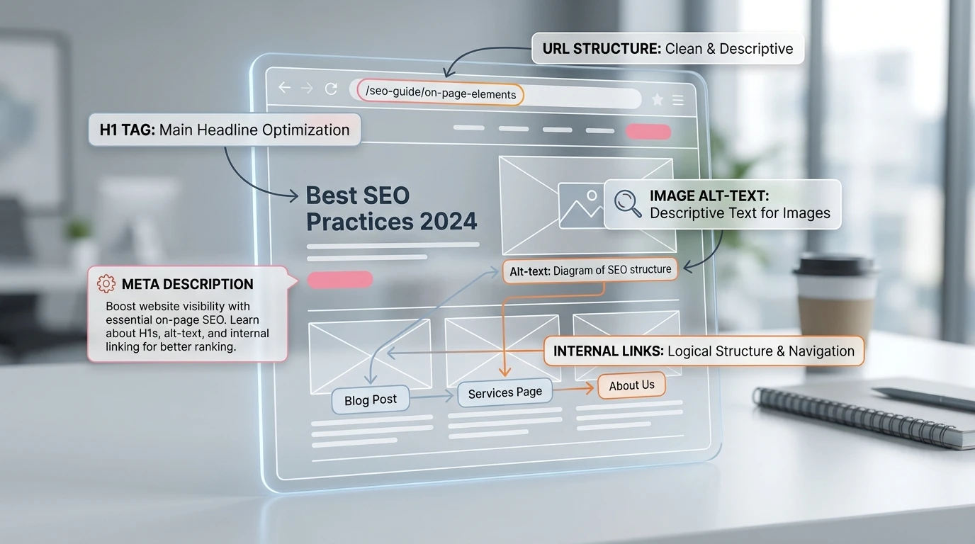 A clean, modern diagram illustrating the key on-page SEO elements on a website wireframe. It should highlight the H1 tag, meta description, image alt-text, internal links, and URL structure in a visually appealing way.