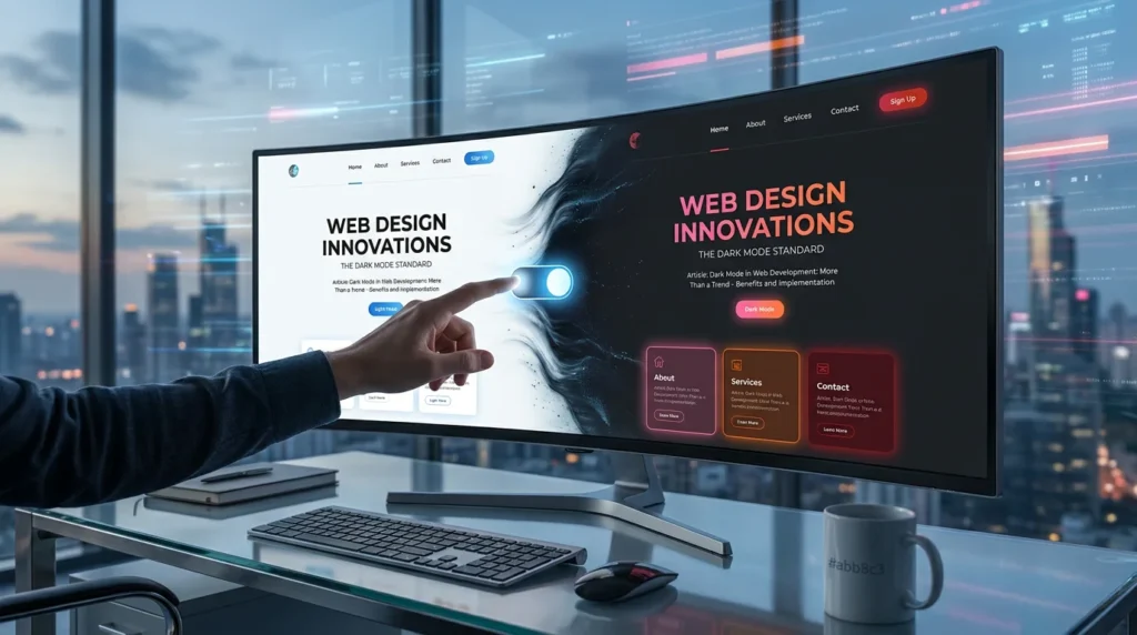 A modern web designer's workspace showing a dual-monitor setup with a website displayed in light mode on one screen and elegant dark mode on the other.