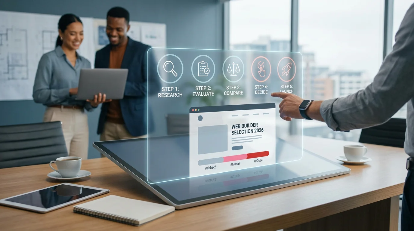 A professional web development team analyzing website wireframes and performance metrics on a glowing interactive tabletop with a client in a modern 2026 office.