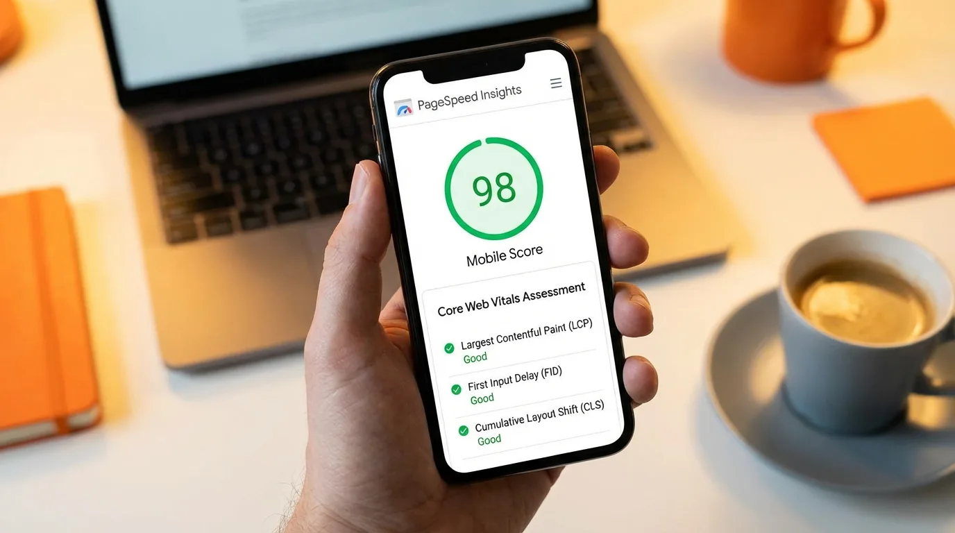 צילום מסך של דוח Google PageSpeed Insights המציג ציונים גבוהים בירוק עבור מדדי Core Web Vitals באתר מובייל.