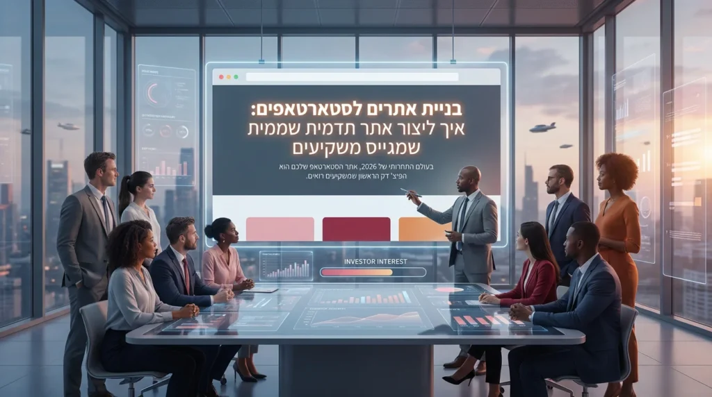 צוות יזמים צעירים מציגים את אתר הסטארטאפ שלהם על מסך גדול בפני קבוצת משקיעים בחדר ישיבות מודרני.