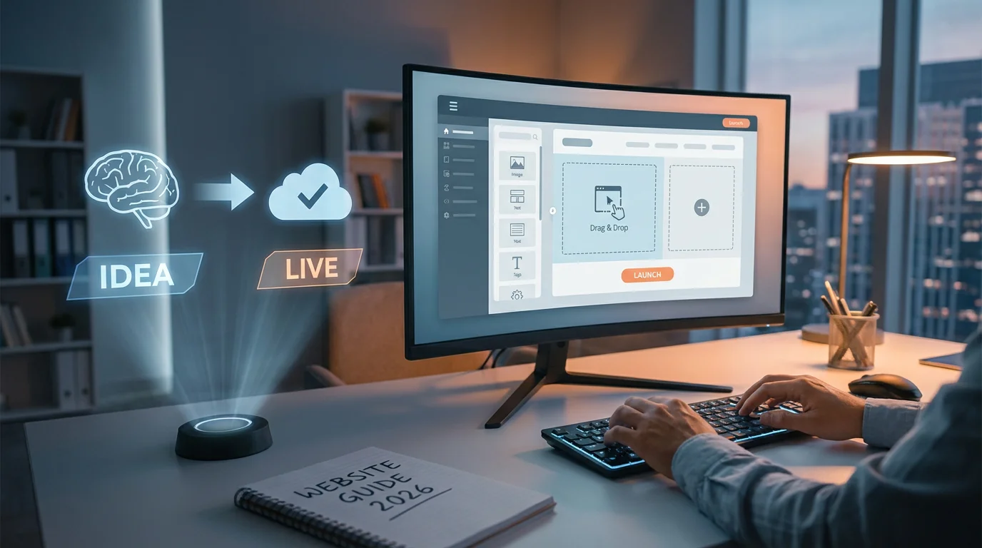 A modern workspace with a laptop displaying a website builder interface, surrounded by coffee, a notebook with wireframes, and a smartphone, representing the process of building a website in 2026.
