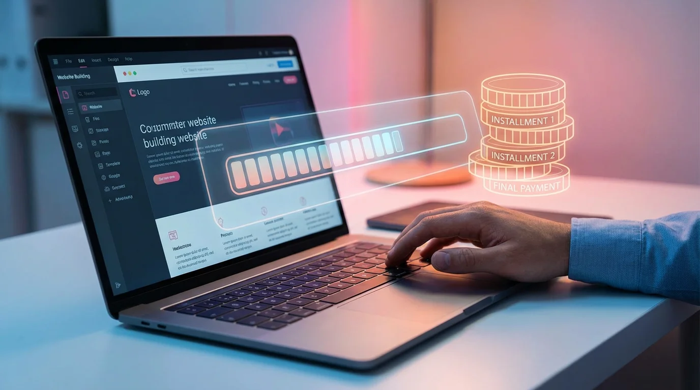 A split screen illustration showing a small business owner balancing a budget on one side and a glowing, modern website launching on the other, representing website building in installments.