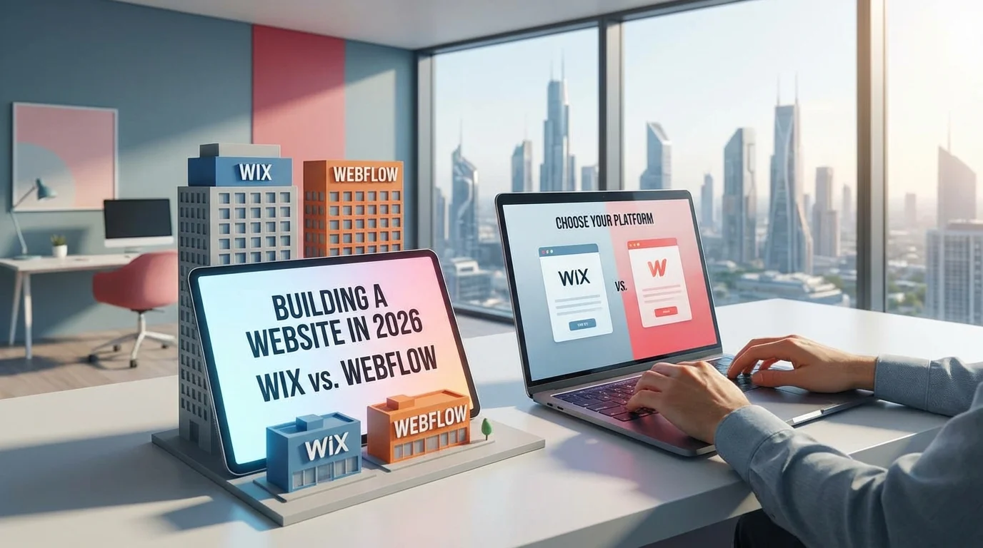 השוואה בין פלטפורמות בניית האתרים Wix ו-Webflow, עם הלוגואים שלהן וסמלי עיצוב וקוד.